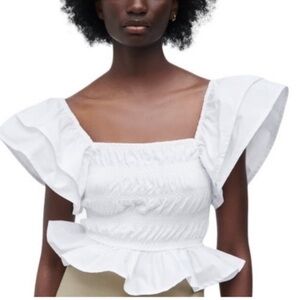 Zara Poplin White Smocked Top Puff Ruffled Sleeves Crop Ruffles Size Small